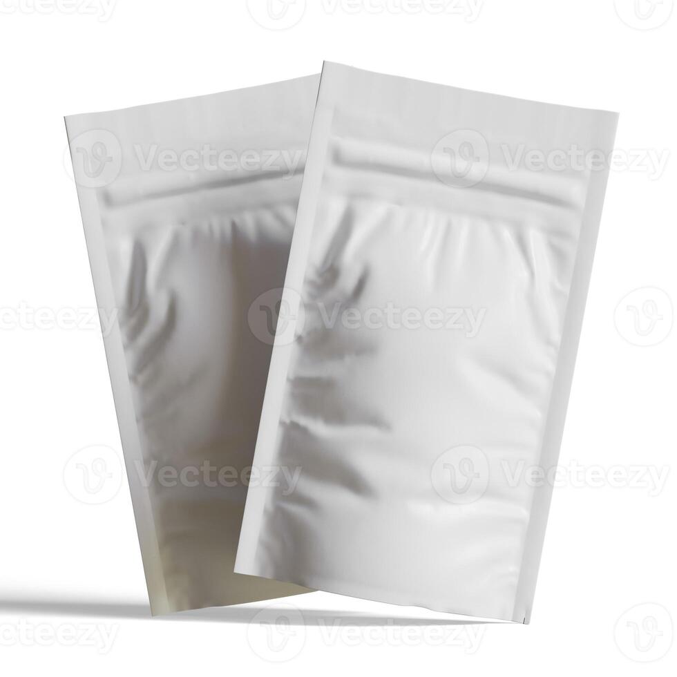 Blank white aluminium foil plastic pouch bag sachet packaging mockup isolated on white background, 3D rendering photo