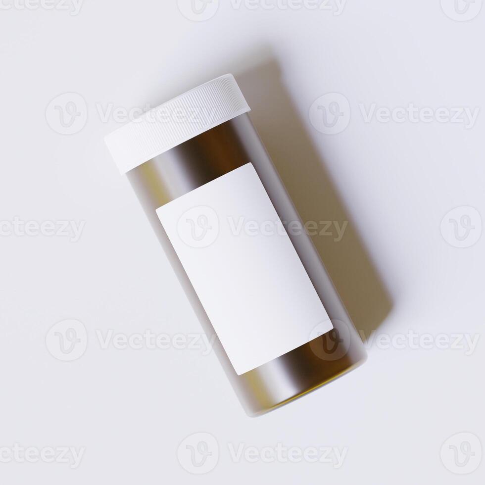 3D rendering of a set of empty labeled medical pill bottles brown color and realistic texture photo