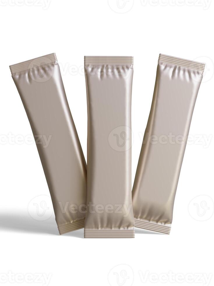 Blank foil package for design, long stick plastic pack for sugar, instant drink in 3d rendering illustration photo