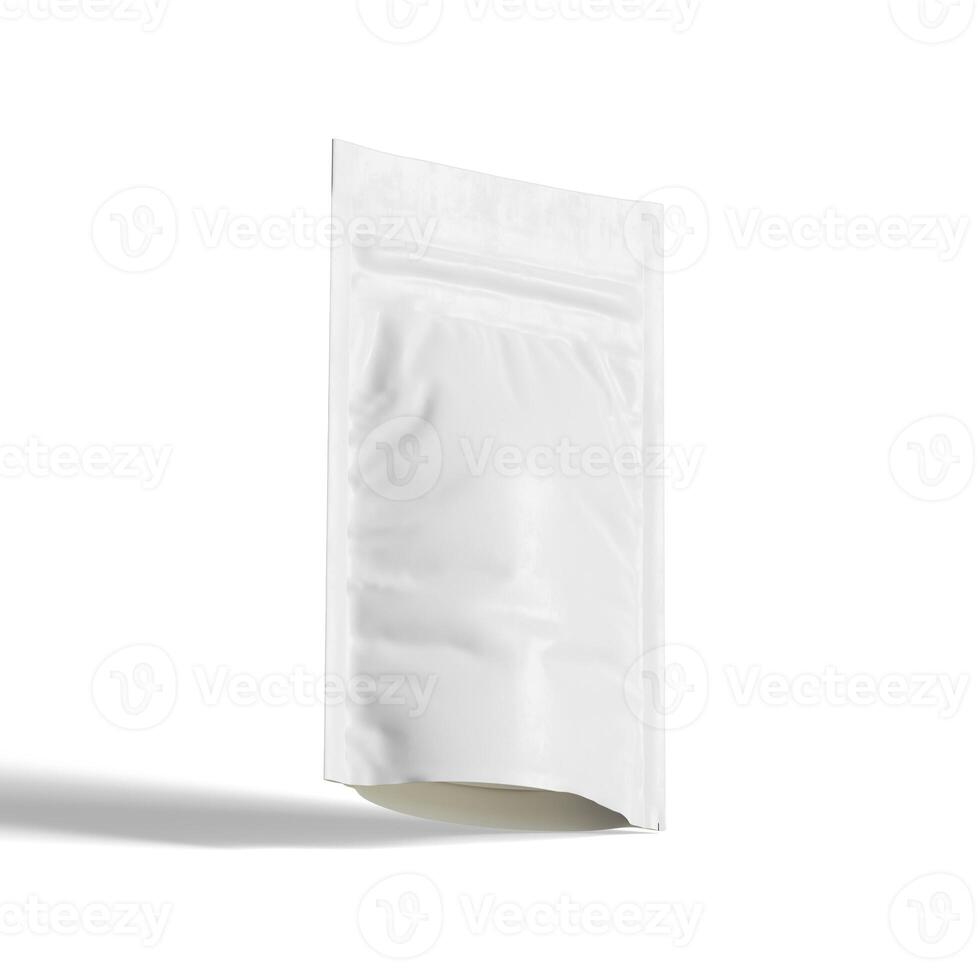 Blank white aluminium foil plastic pouch bag sachet packaging mockup isolated on white background, 3D rendering photo