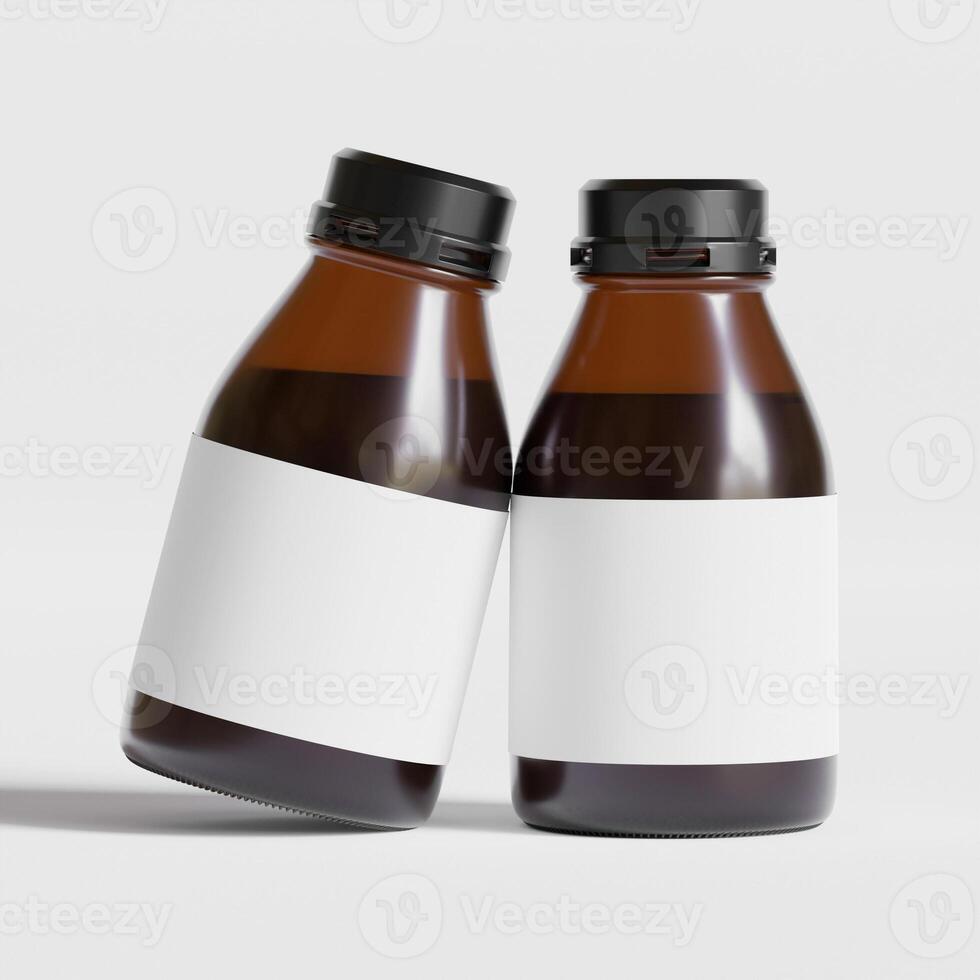 Medicine bottle of brown glass isolated on white background with clipping path. Cough syrup, mock-up 3D rendering illustration photo