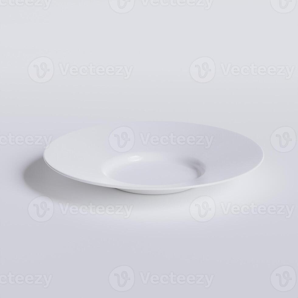 Empty plate white color and realistic texture with abstract white background photo