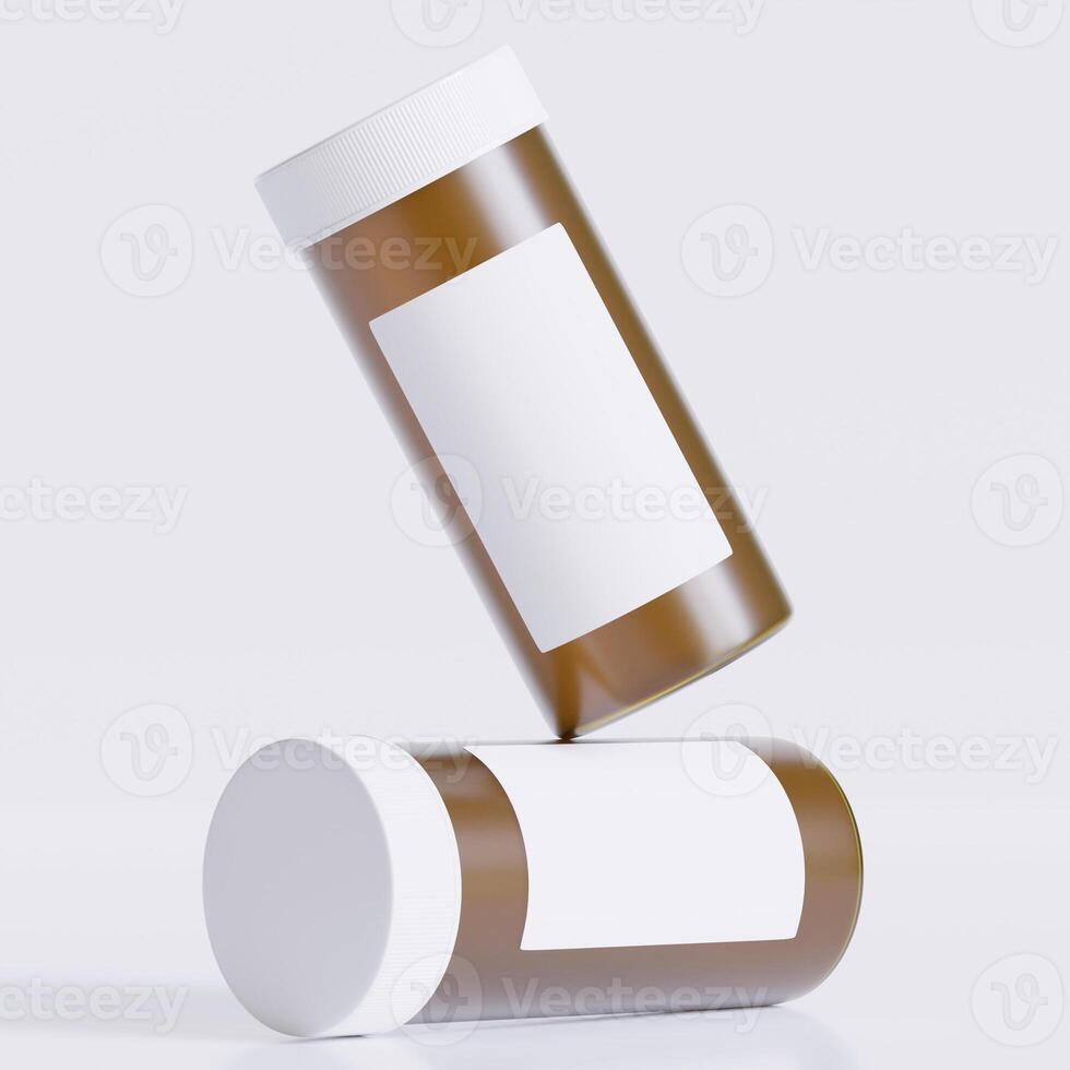 3D rendering of a set of empty labeled medical pill bottles brown color and realistic texture photo