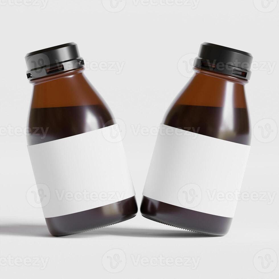 Medicine bottle of brown glass isolated on white background with clipping path. Cough syrup, mock-up 3D rendering illustration photo