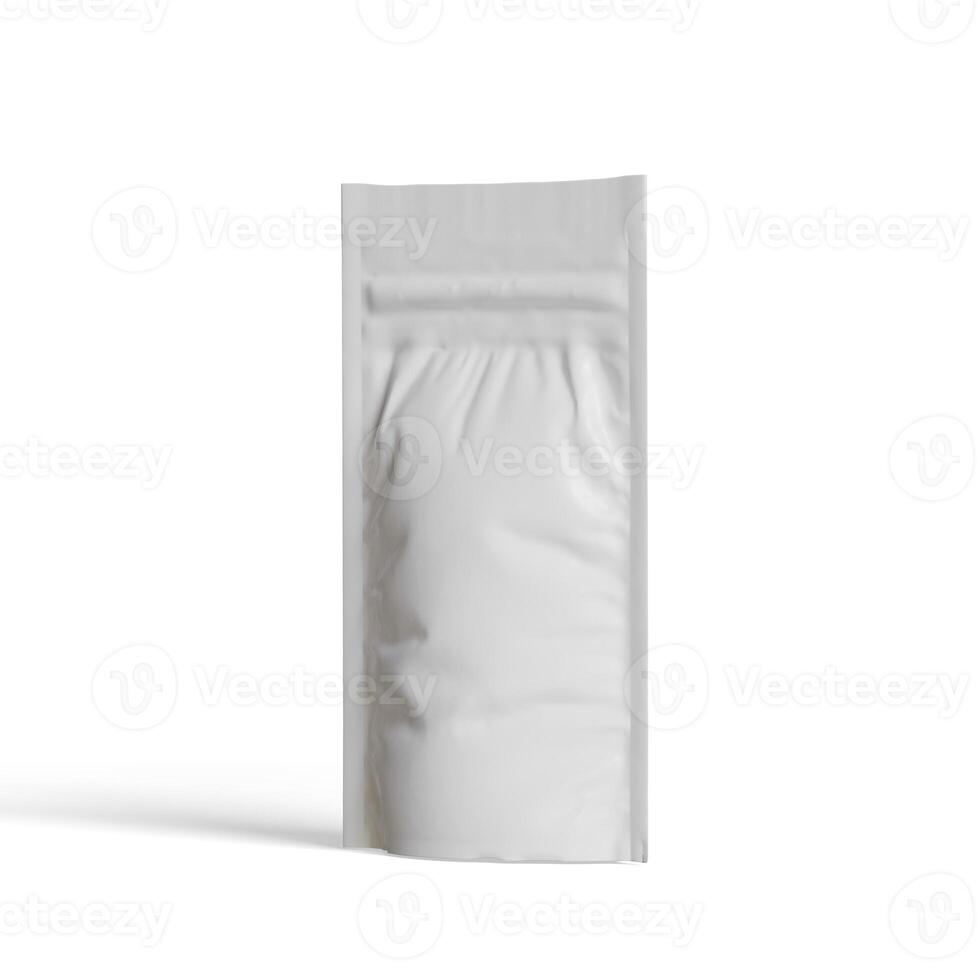 Blank white aluminium foil plastic pouch bag sachet packaging mockup isolated on white background, 3D rendering photo