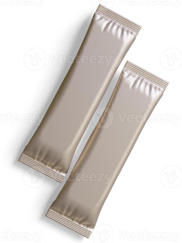 Blank foil package for design, long stick plastic pack for sugar, instant drink in 3d rendering illustration photo