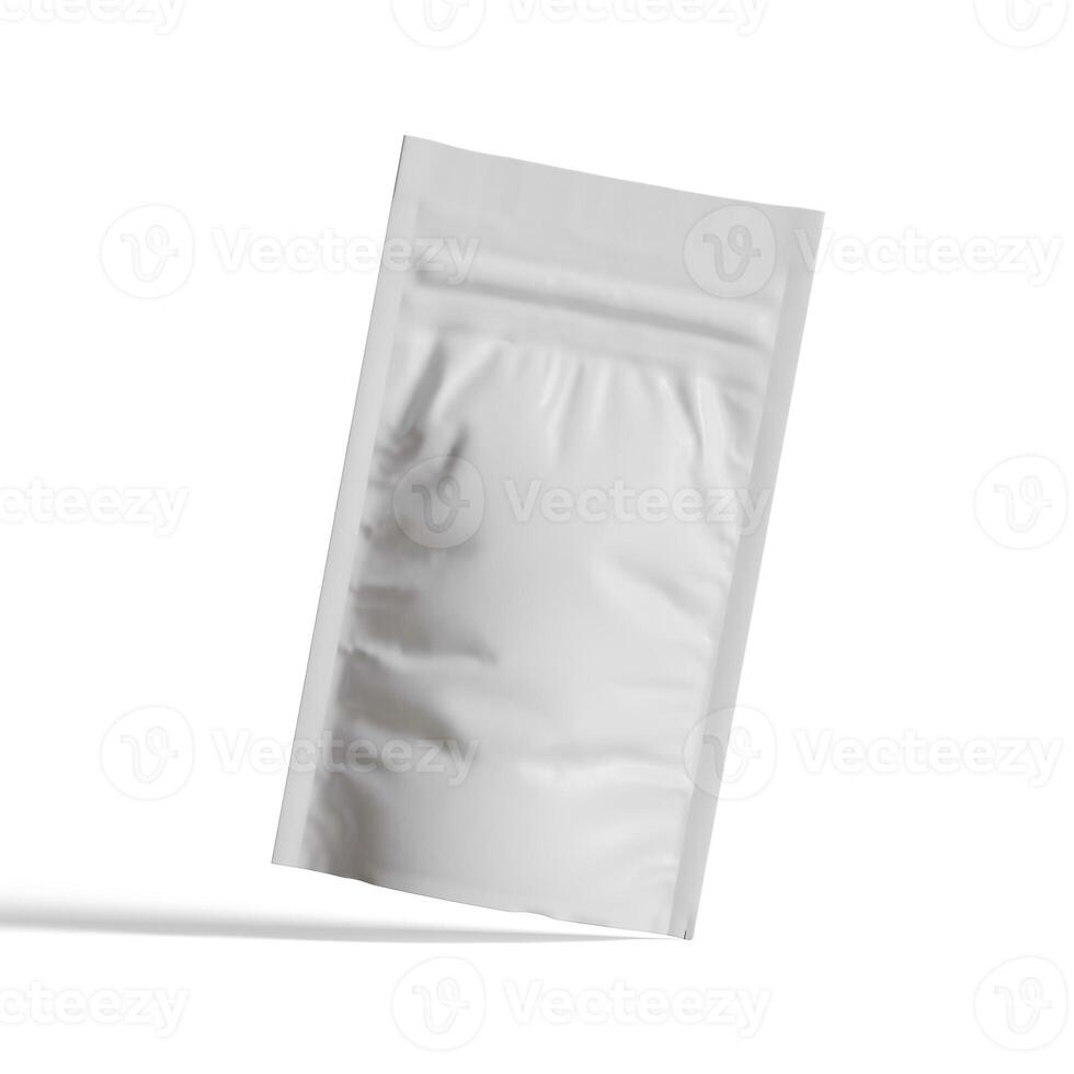 Blank white aluminium foil plastic pouch bag sachet packaging mockup isolated on white background, 3D rendering photo