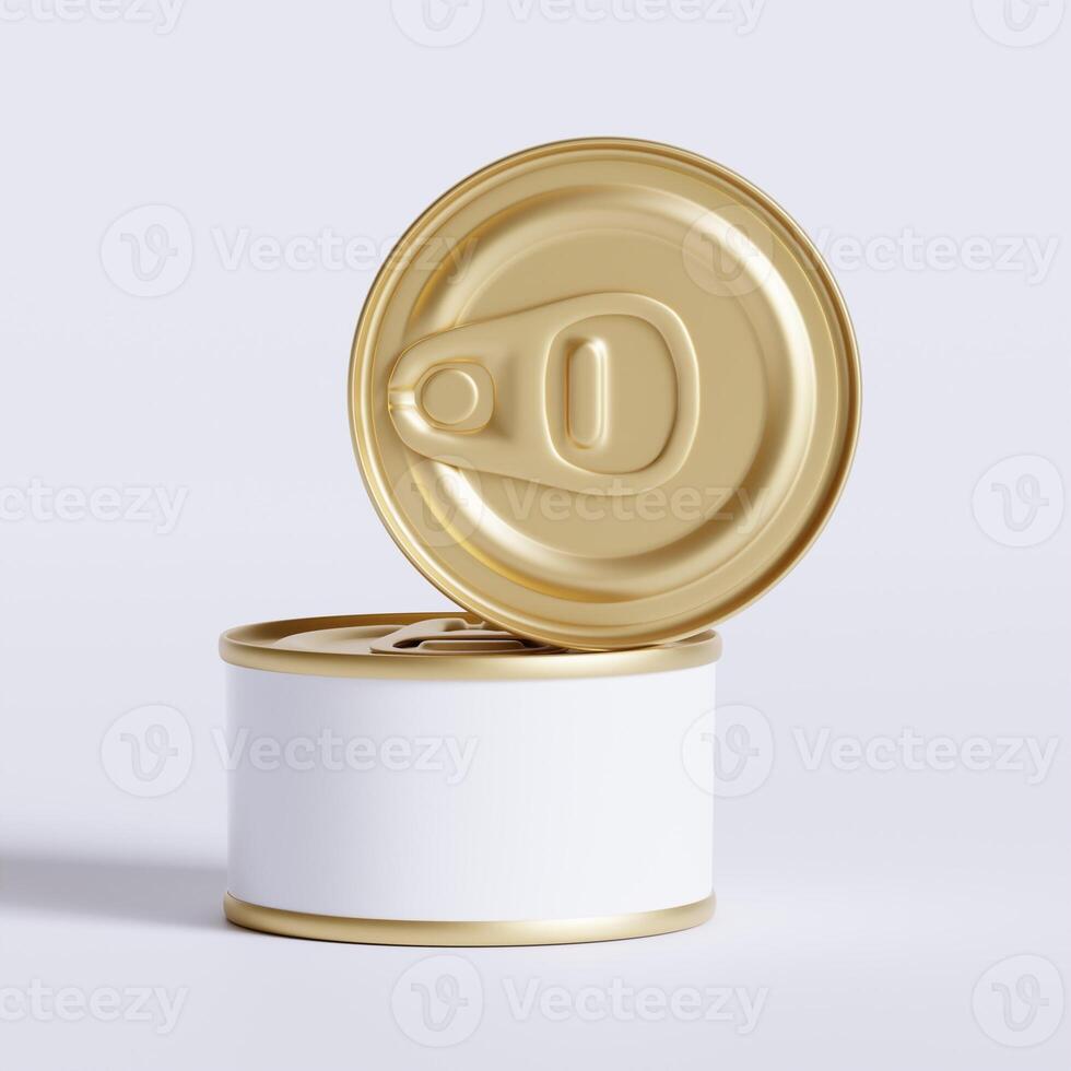 White blank tin can gold metal Tin Can with key, canned Food. Isolated with clipping path.  for mockup collection photo