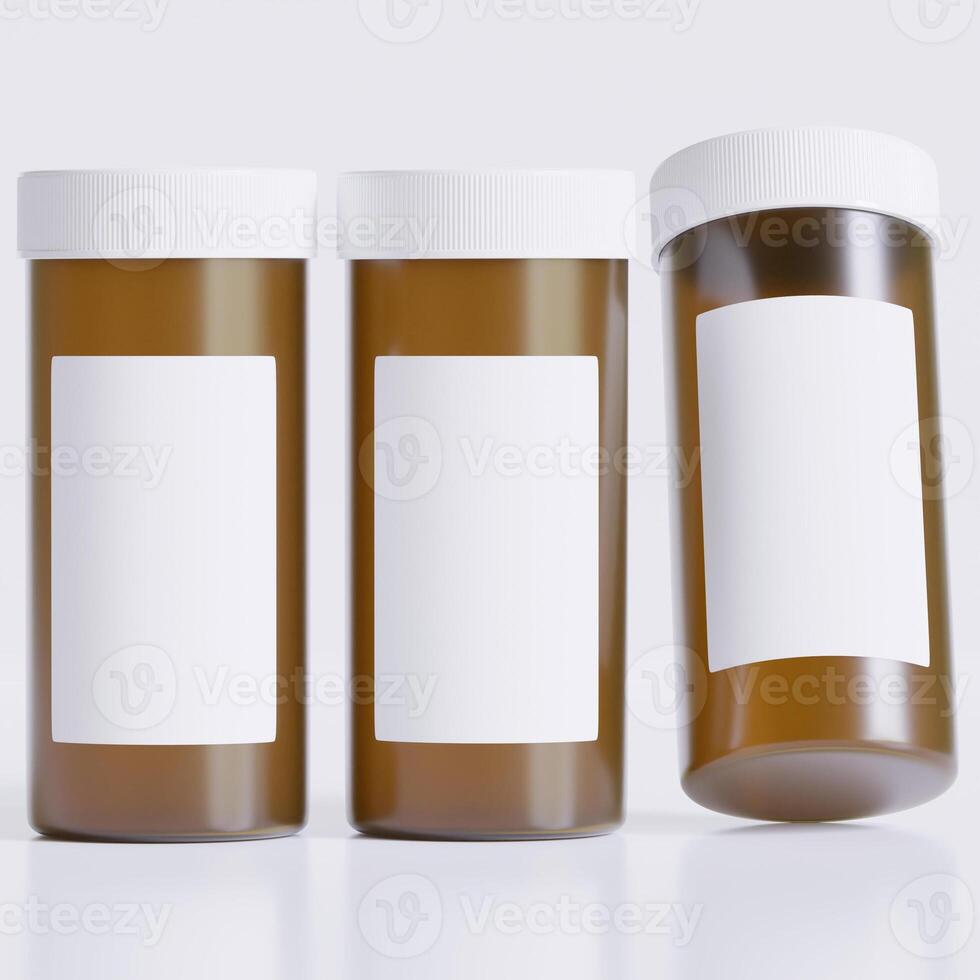 3D rendering of a set of empty labeled medical pill bottles brown color and realistic texture photo