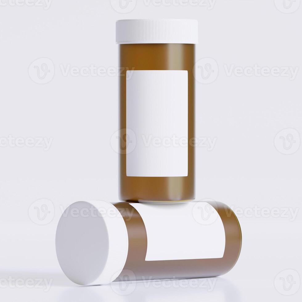 3D rendering of a set of empty labeled medical pill bottles brown color and realistic texture photo