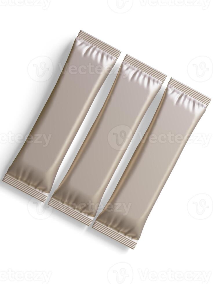 Blank foil package for design, long stick plastic pack for sugar, instant drink in 3d rendering illustration photo