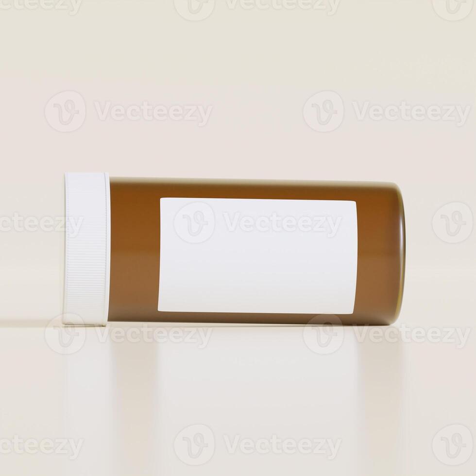 3D rendering of a set of empty labeled medical pill bottles brown color and realistic texture photo