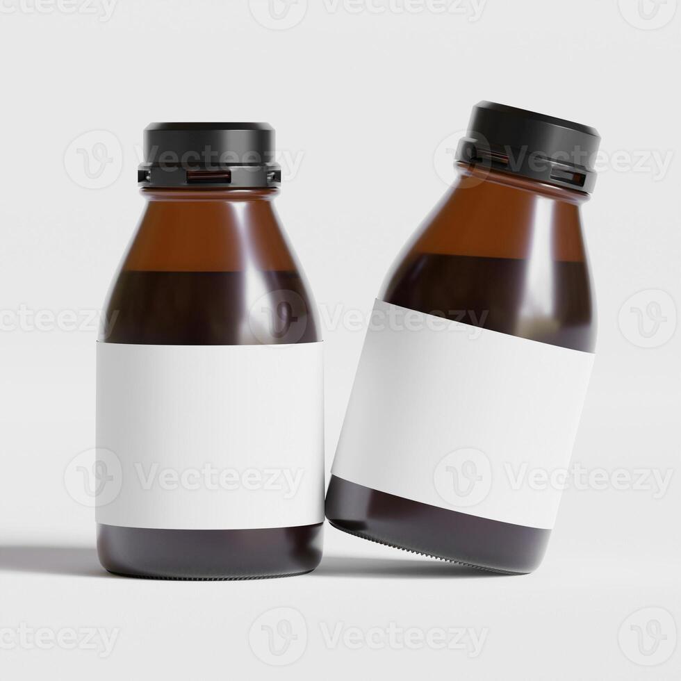 Medicine bottle of brown glass isolated on white background with clipping path. Cough syrup, mock-up 3D rendering illustration photo