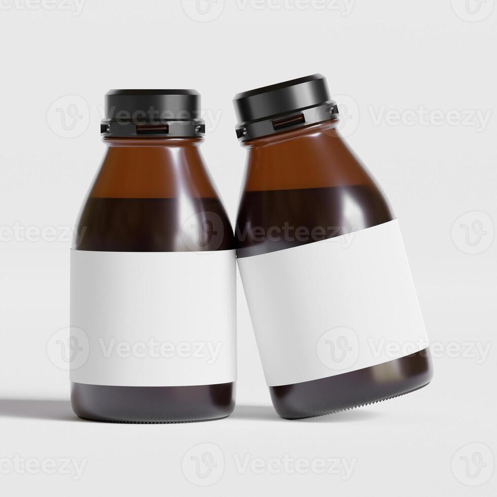 Medicine bottle of brown glass isolated on white background with clipping path. Cough syrup, mock-up 3D rendering illustration photo