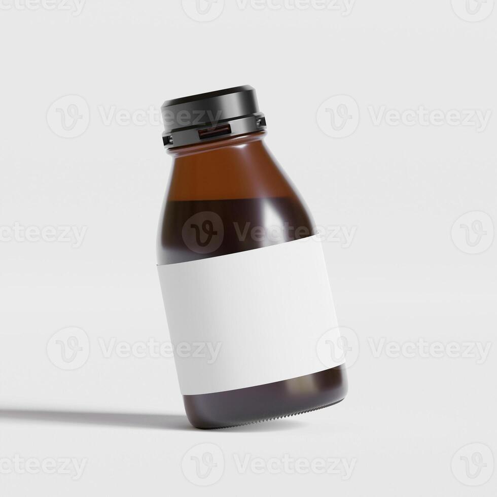 Medicine bottle of brown glass isolated on white background with clipping path. Cough syrup, mock-up 3D rendering illustration photo