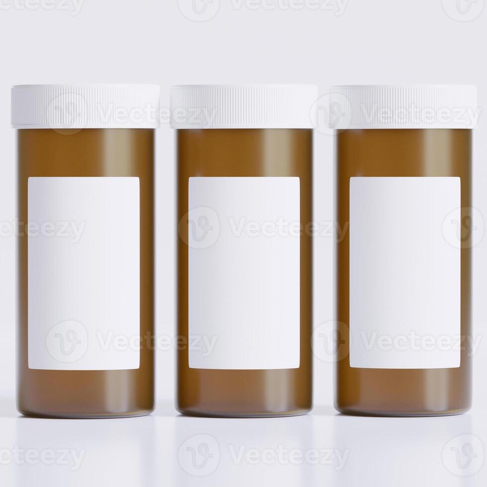 3D rendering of a set of empty labeled medical pill bottles brown color and realistic texture photo