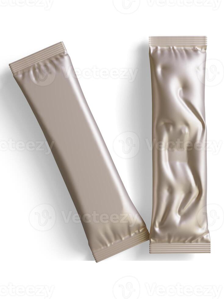 Blank foil package for design, long stick plastic pack for sugar, instant drink in 3d rendering illustration photo