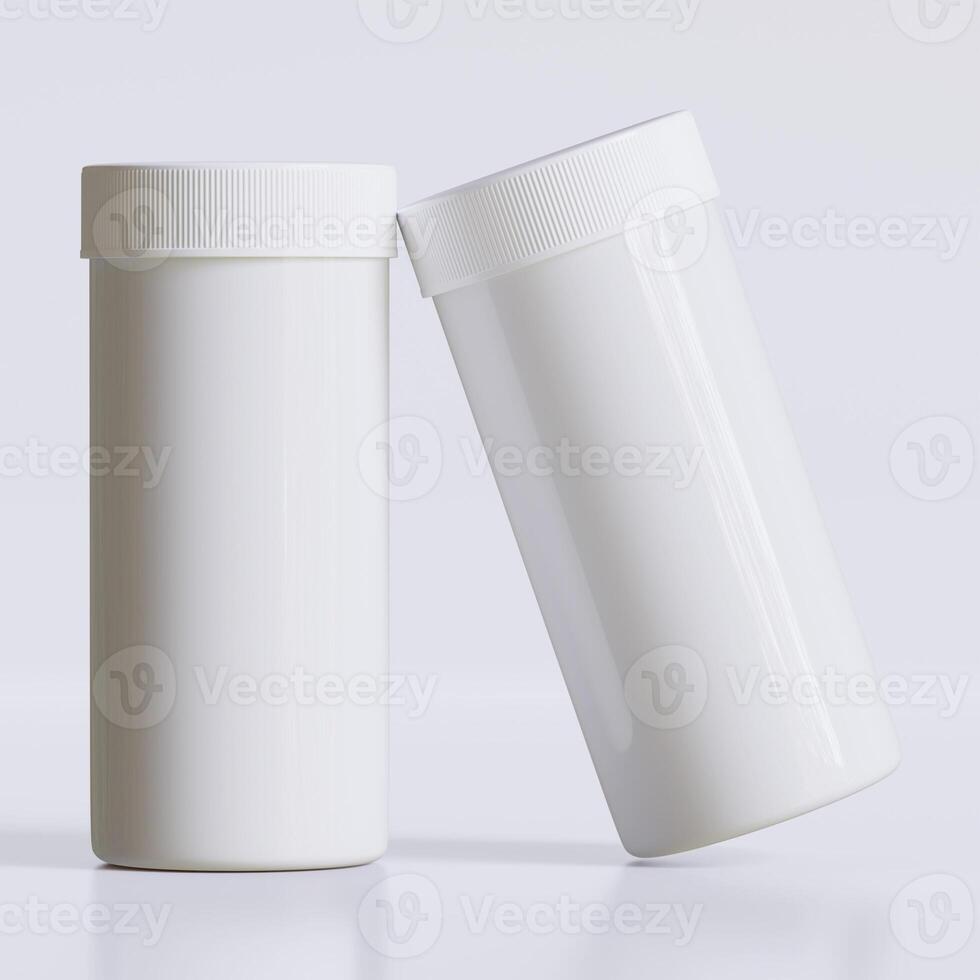 3D rendering of set for medical pill bottles white color realistic texture photo