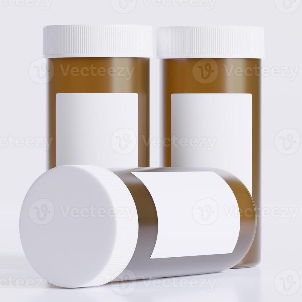 3D rendering of a set of empty labeled medical pill bottles brown color and realistic texture photo