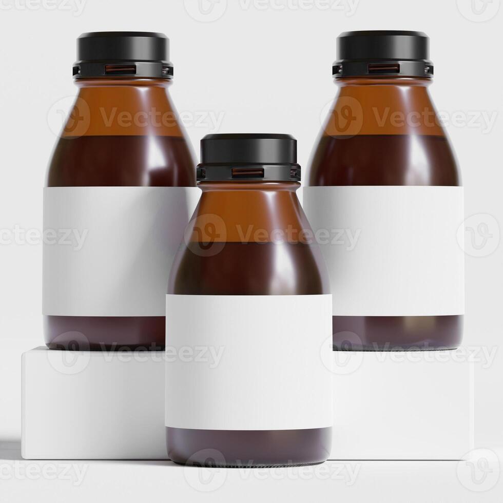 Medicine bottle of brown glass isolated on white background with clipping path. Cough syrup, mock-up 3D rendering illustration photo