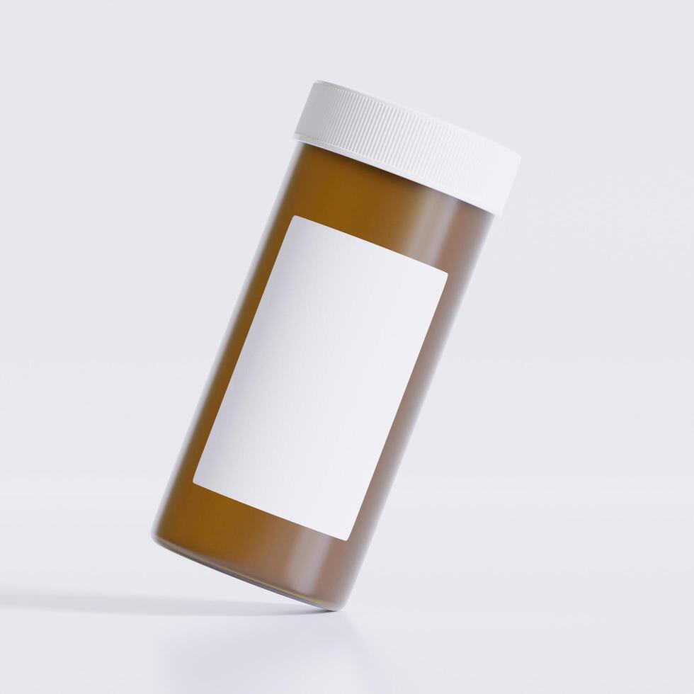 3D rendering of a set of empty labeled medical pill bottles brown color and realistic texture photo