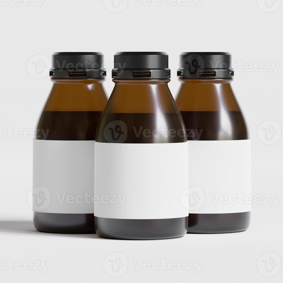 Medicine bottle of brown glass isolated on white background with clipping path. Cough syrup, mock-up 3D rendering illustration photo