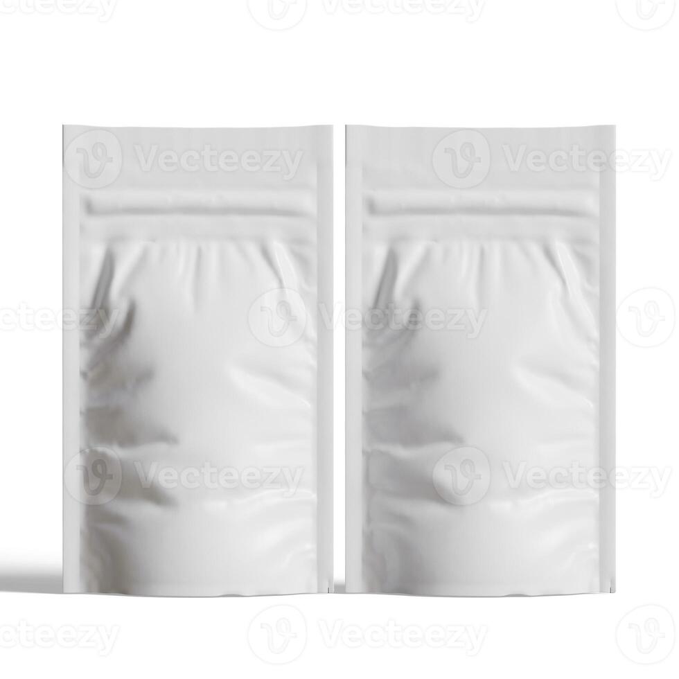 Blank white aluminium foil plastic pouch bag sachet packaging mockup isolated on white background, 3D rendering photo