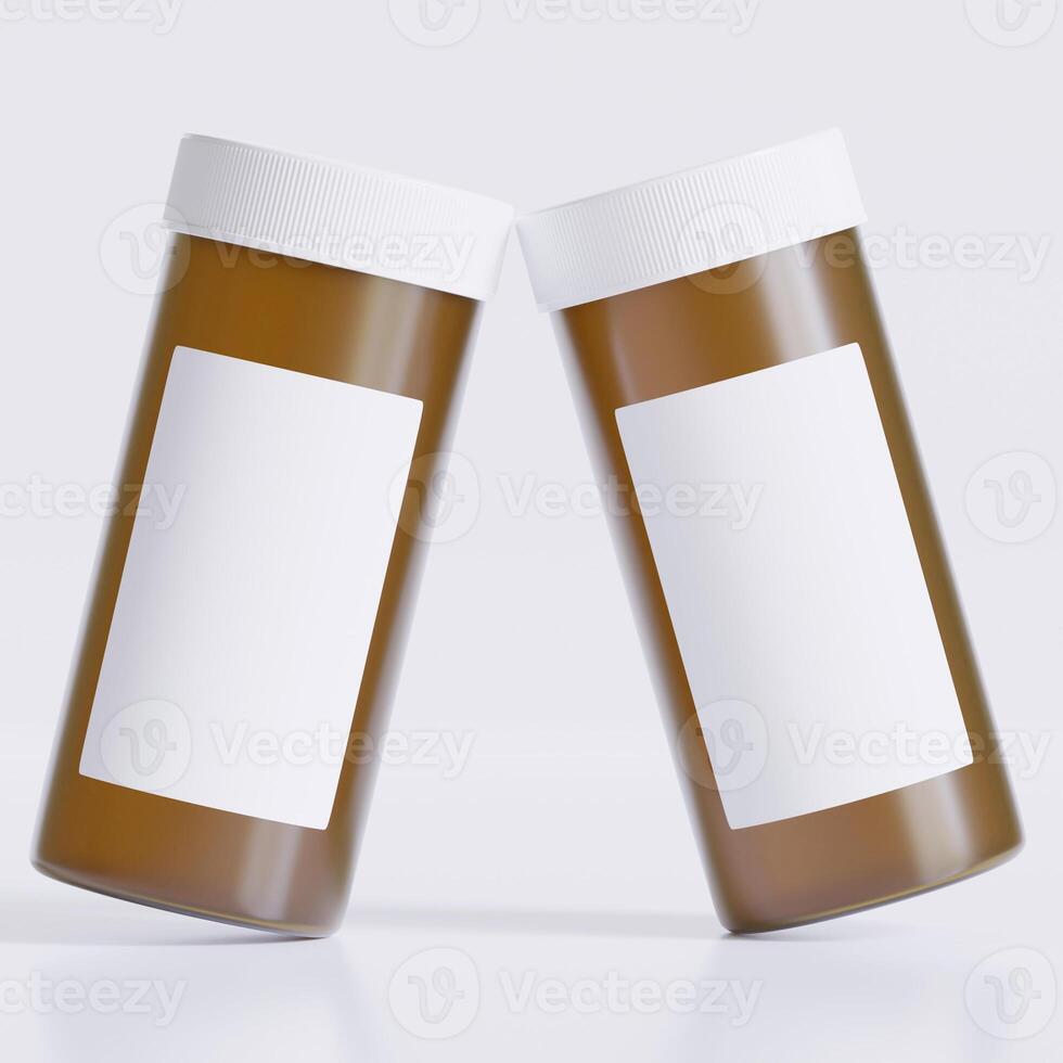 3D rendering of a set of empty labeled medical pill bottles brown color and realistic texture photo