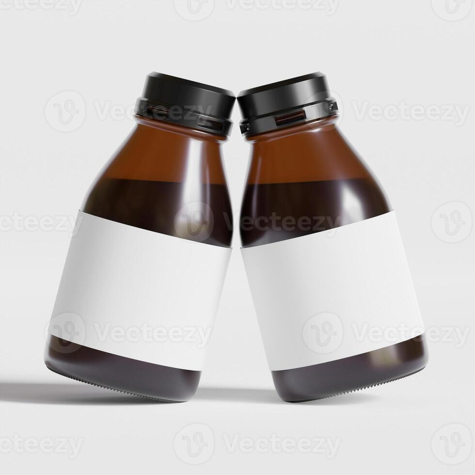 Medicine bottle of brown glass isolated on white background with clipping path. Cough syrup, mock-up 3D rendering illustration photo