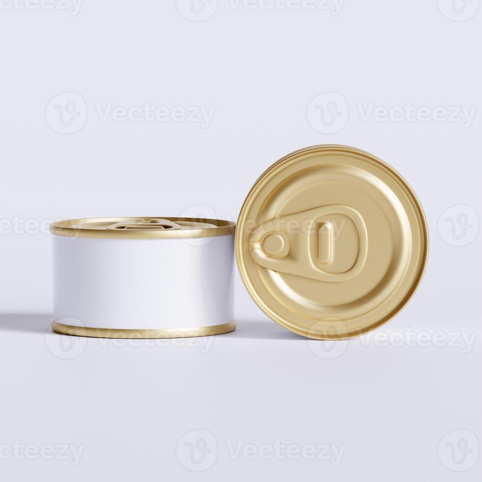 White blank tin can gold metal Tin Can with key, canned Food. Isolated with clipping path.  for mockup collection photo