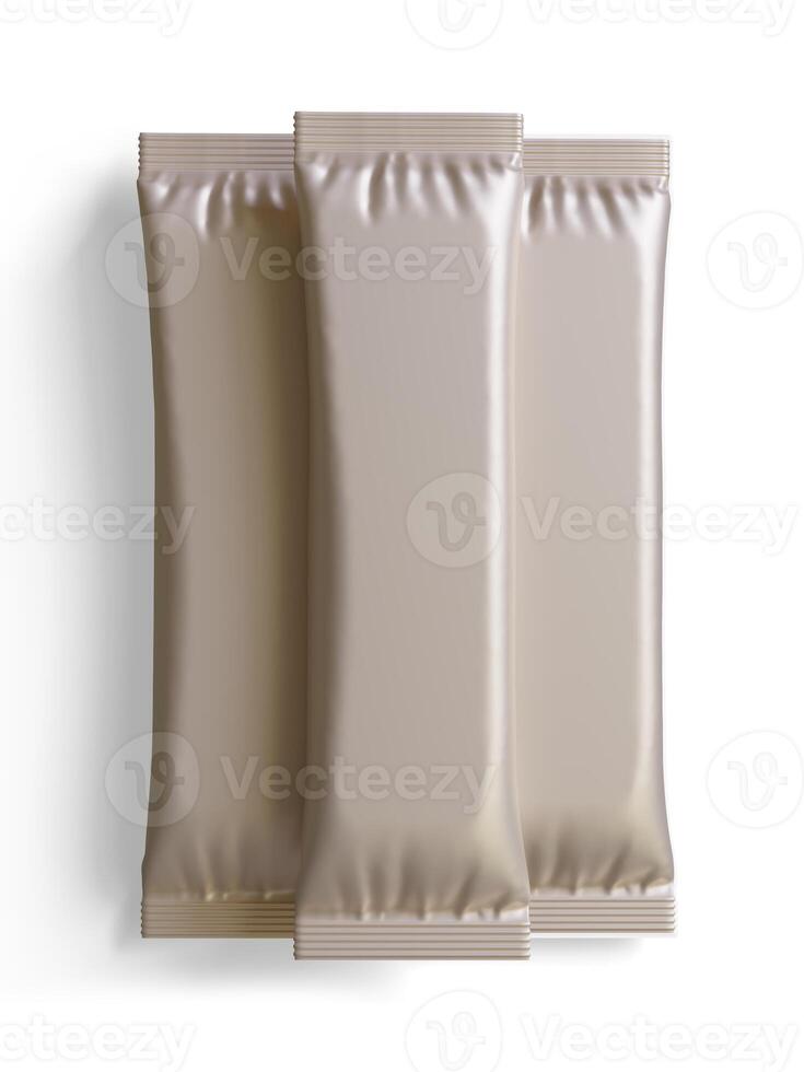 blanco frustrar paquete para diseño, largo palo el plastico paquete para azúcar, instante bebida en 3d representación ilustración foto