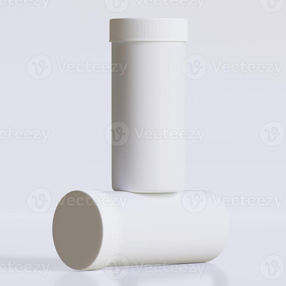 3D rendering of set for medical pill bottles white color realistic texture photo