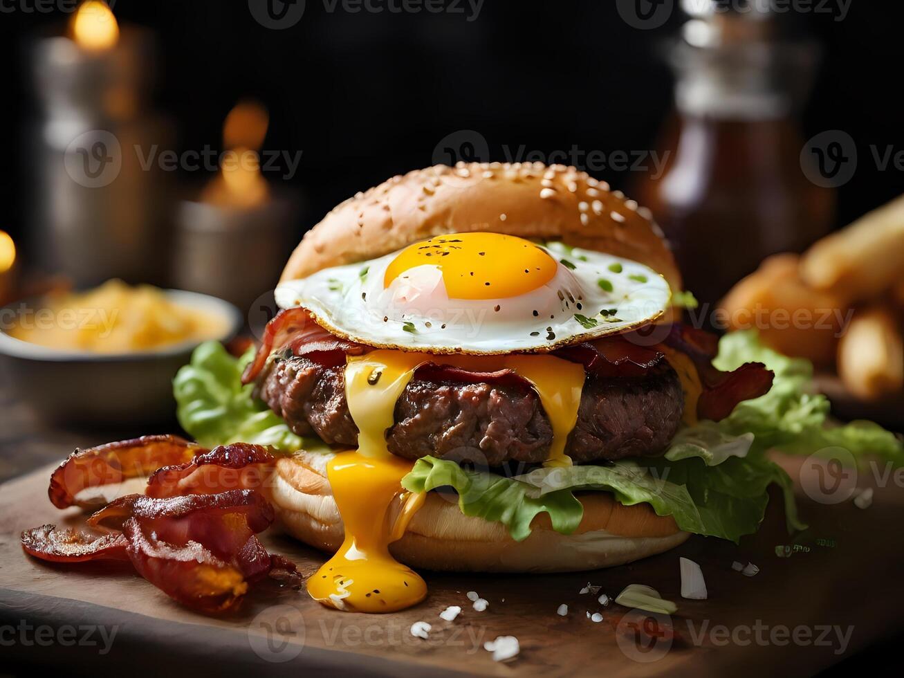 AI generated hamburger filled with fried egg, beef, bacon, lettuce and cheese photo