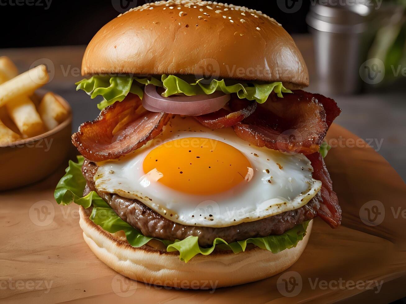 ai generado hamburguesa lleno con frito huevo, carne de res, tocino, lechuga y queso foto