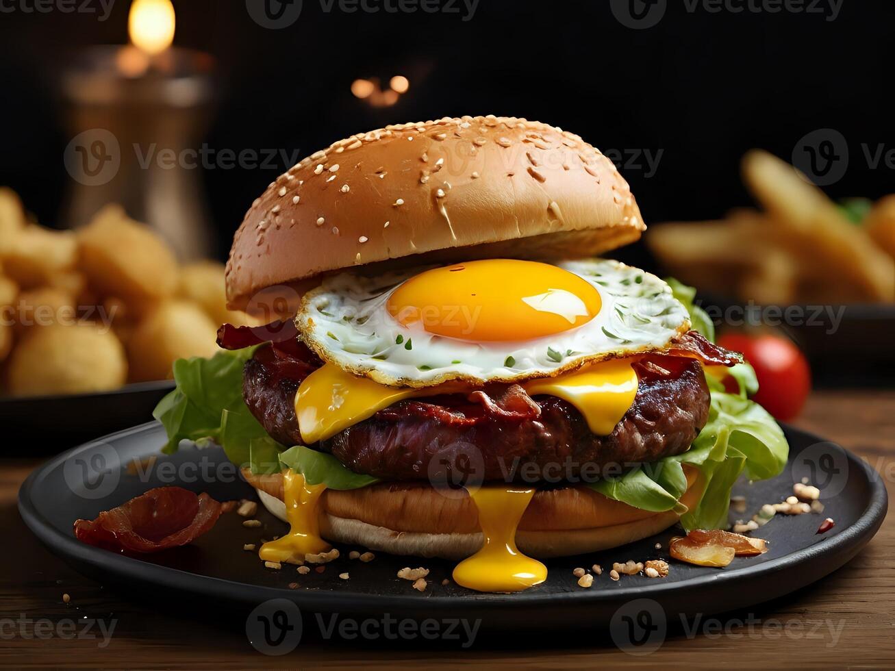 AI generated hamburger filled with fried egg, beef, bacon, lettuce and cheese photo