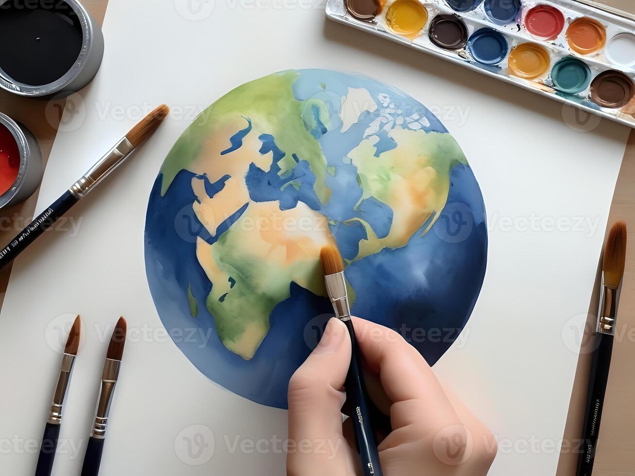 AI generated a person is painting a world map with watercolors photo