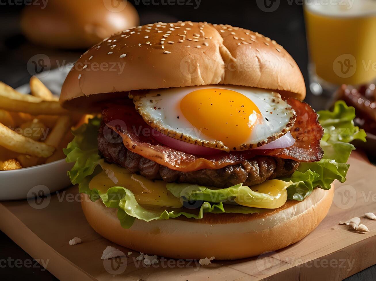 AI generated hamburger filled with fried egg, beef, bacon, lettuce and cheese photo
