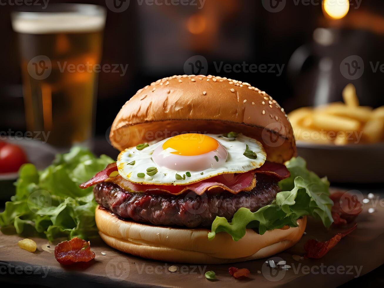 AI generated hamburger filled with fried egg, beef, bacon, lettuce and cheese photo