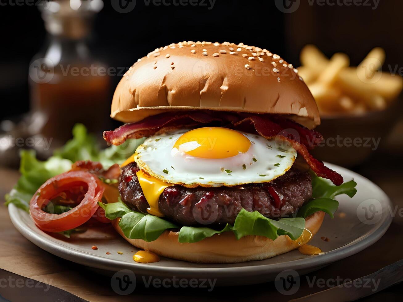 AI generated hamburger filled with fried egg, beef, bacon, lettuce and cheese photo