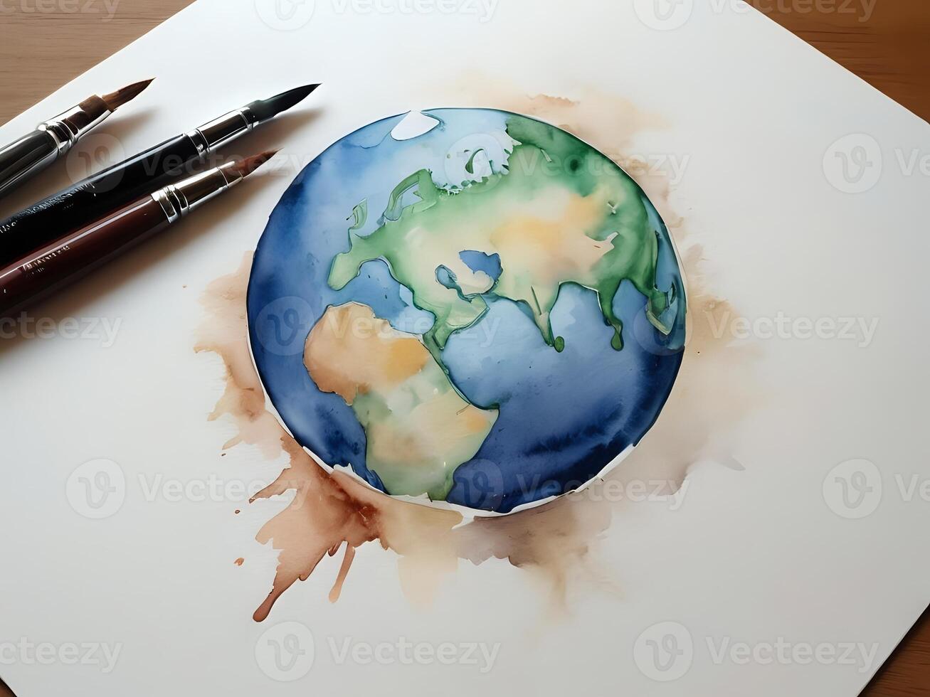 AI generated a watercolor drawing of the earth with a paintbrush photo