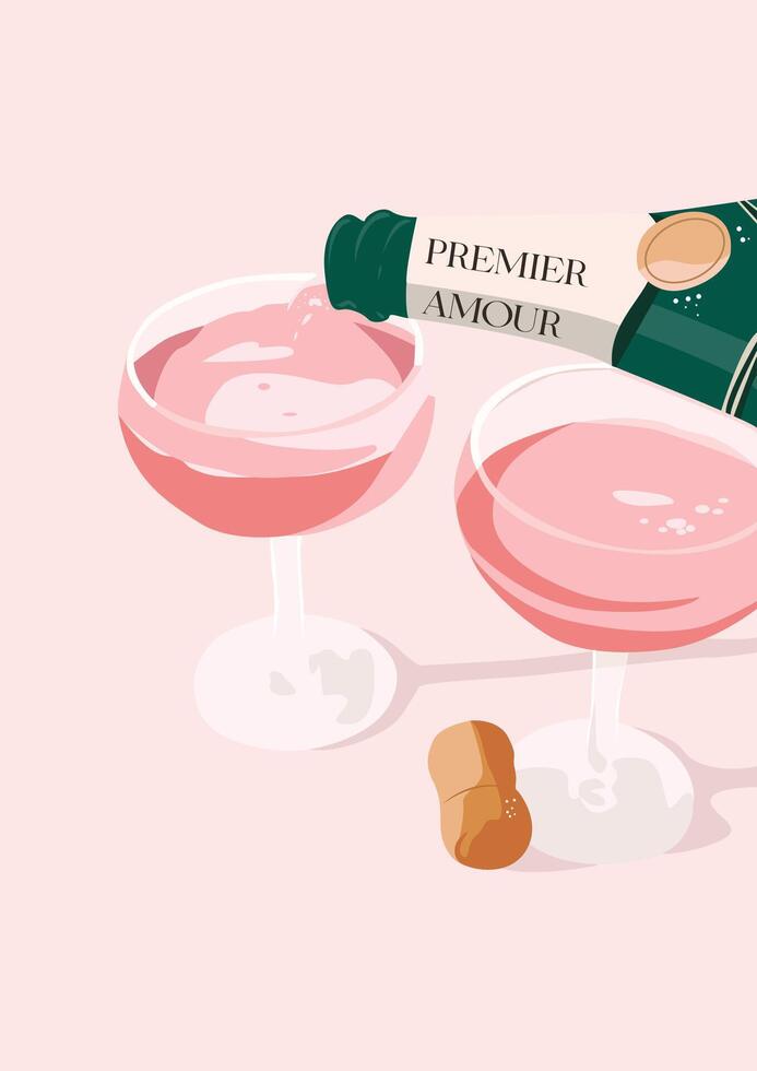 contento San Valentín día póster dos lentes de Rosa espumoso vino o