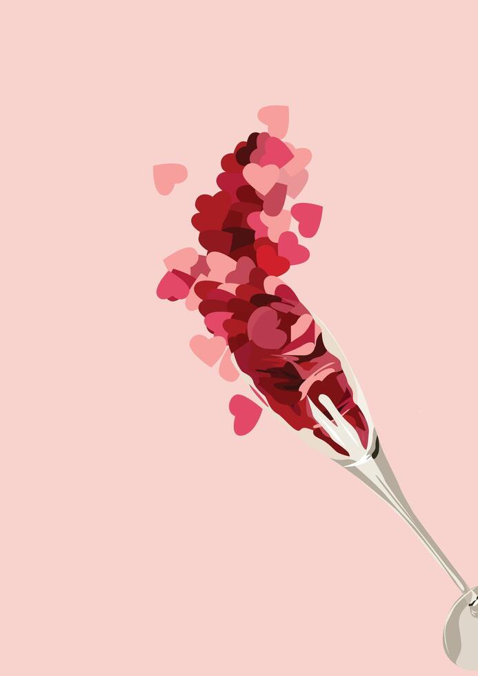 Creative concept of Happy Valentines Day card. A glass of wine in heart shape. Modern abstract art design with hearts. Template for celebration, ad, branding, banner, cover, label, poster, sale. vector