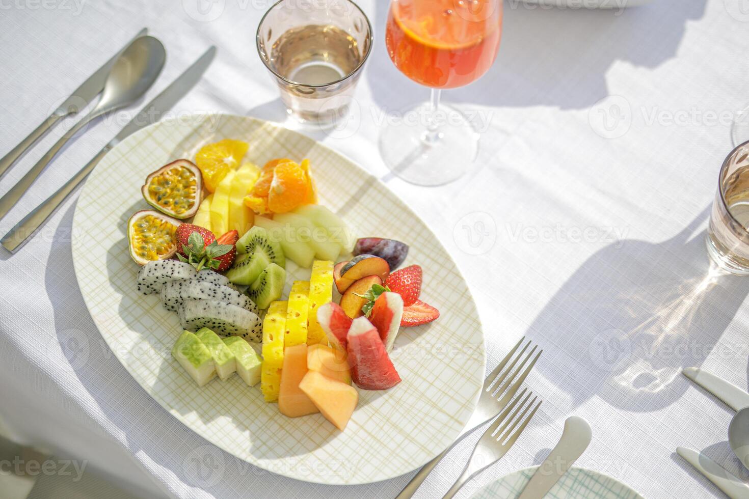 Luxury breakfast table beautiful tropical sea sky background. Idyllic romantic morning love couples time at summer holiday. Honeymoon romance vacation concept. Travel and lifestyle, destination dining photo