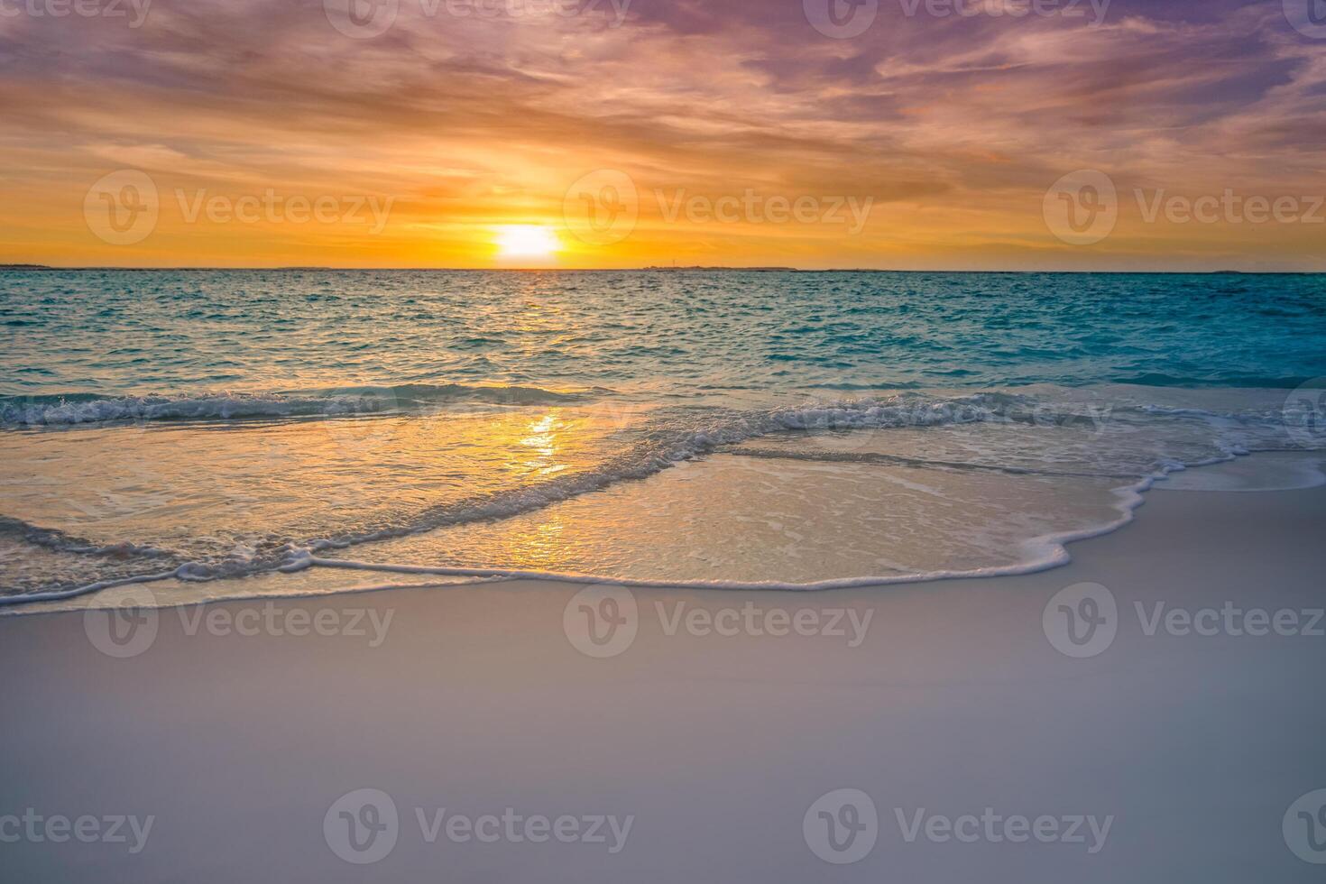 Closeup sea sand beach. Beautiful beach landscape. Inspire tropical beach seascape horizon. Dreamy sunset sky calm tranquil relax sunset summer mood. Positive energy, meditation summer tropical island photo