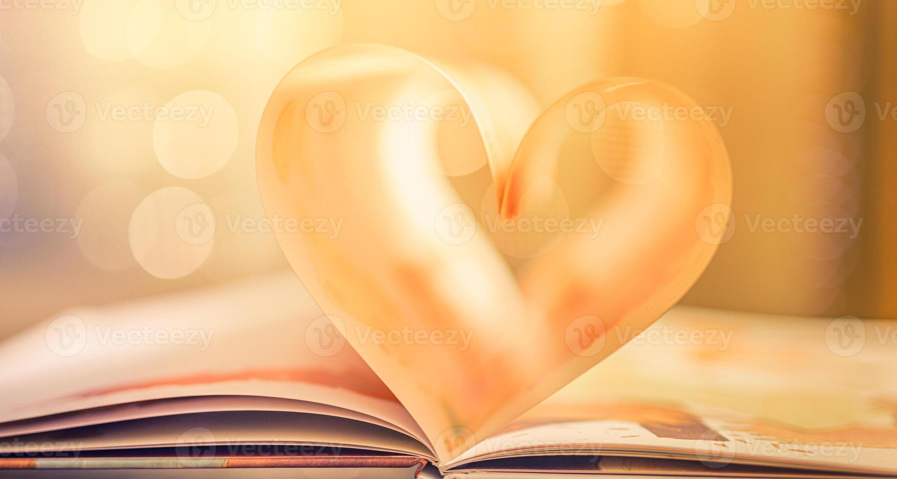 Closeup love Valenstines day design. Perfect heart shape book pages romantic. Vintage style copy space text lights reflections. Beautiful February Valentine day artistic background. Couple anniversary photo