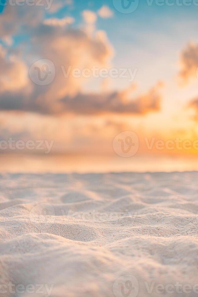 Ocean beach sand closeup at sunset sunrise landscape outdoor. Beautiful colorful sky with clouds natural island sea with copy space, sun rays seascape, dream nature. Inspirational shore, coast photo