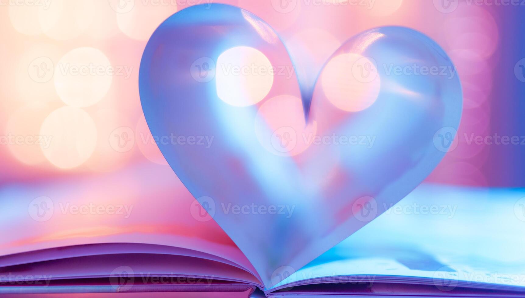 Closeup love Valenstines day design. Perfect heart shape book pages romantic. Vintage style copy space text lights reflections. Beautiful February Valentine day artistic background. Couple anniversary photo