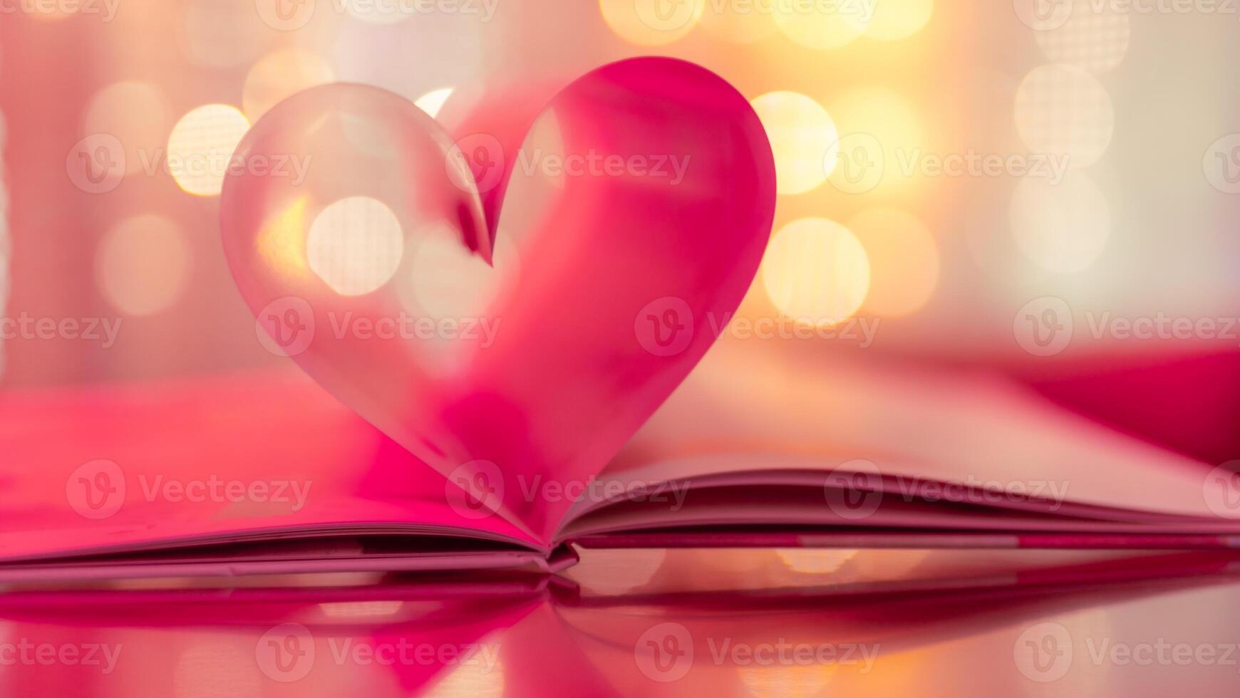 Closeup love Valenstines day design. Perfect heart shape book pages romantic. Vintage style copy space text lights reflections. Beautiful February Valentine day artistic background. Couple anniversary photo