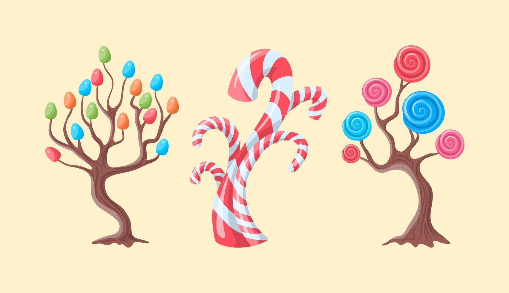 Cartoon Color Fantasy Candy Trees Set with Spiral Lollipops and Sugar Candies. Vector