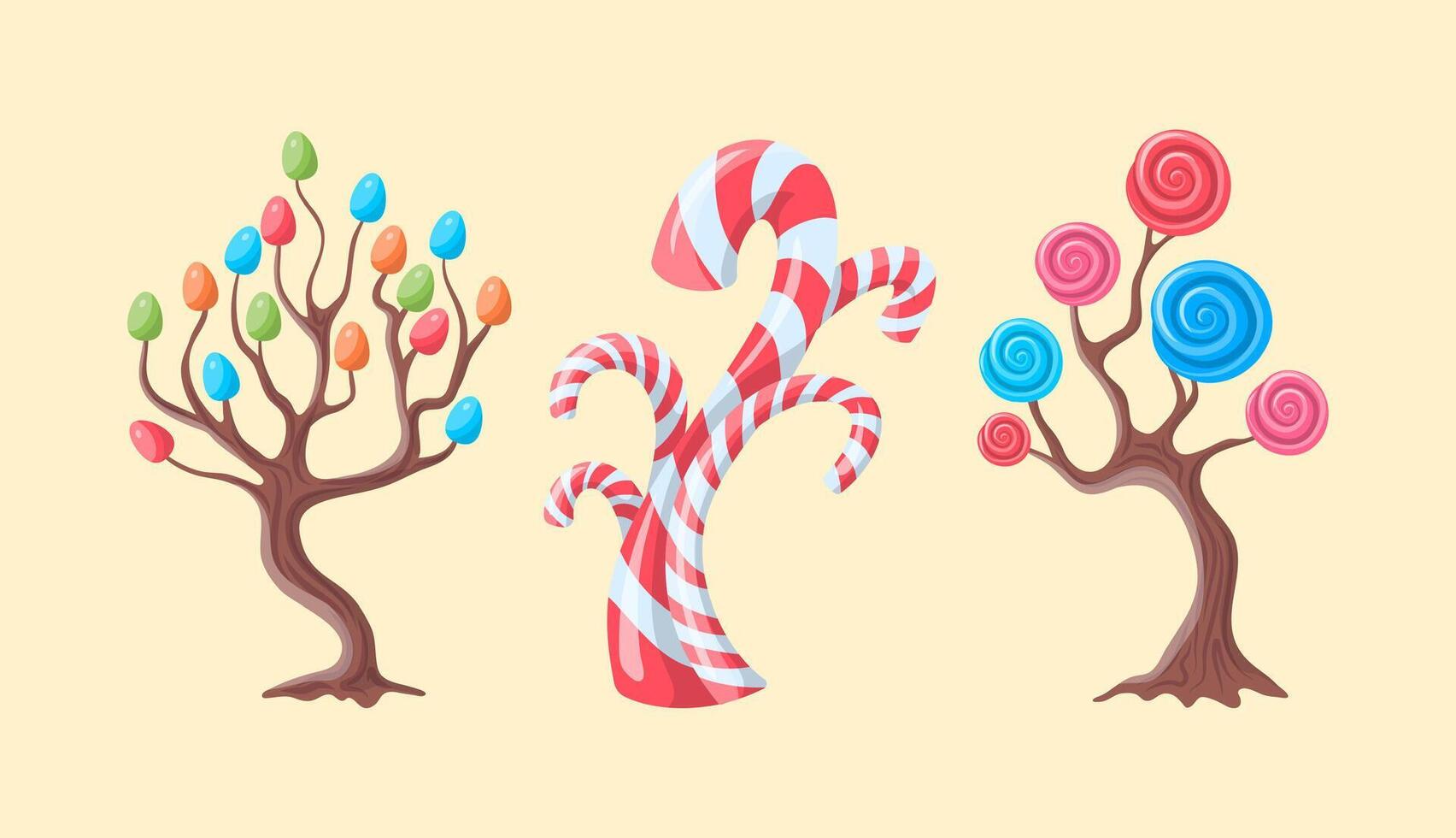 dibujos animados color fantasía caramelo arboles conjunto con espiral piruletas y azúcar dulces. vector